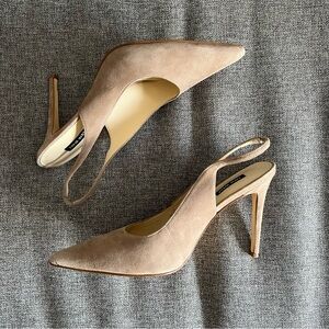 Nine West Feather Taupe Suede Slingback High Heel Pumps Sz 11